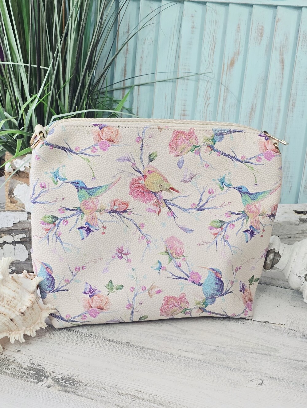 Carlos by Carlos Santana Floral Hummingbird Faux Leather Pouch Bag Cream